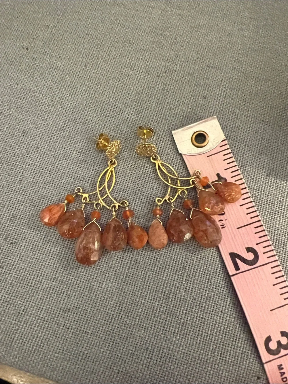 Gold Drop Earrings with Orange Gem Sunstone Teardrops - Picture 4 of 5